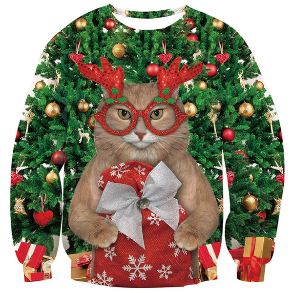 Reindeer Glasses Cat Ugly Christmas Sweater D F Clothing