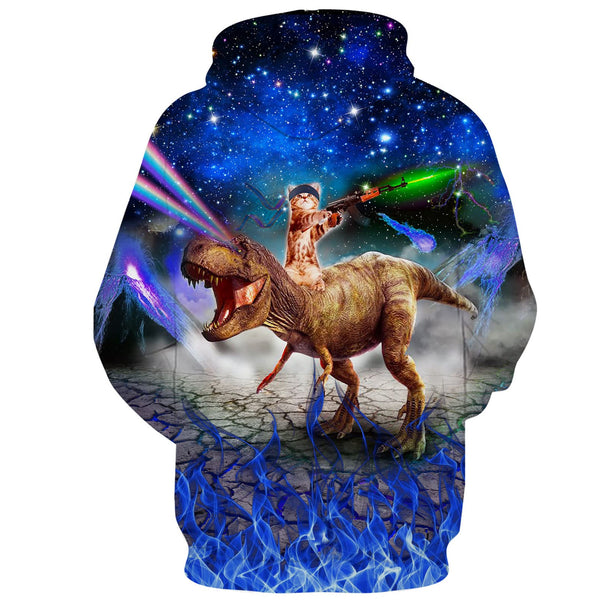 Blue Galaxy Gun Cat Riding Dinosaur Funny Hoodie – D&F Clothing