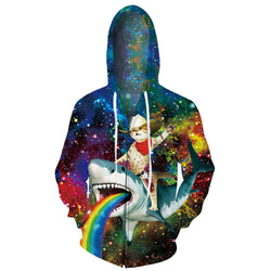 Cowboy Cat Riding Rainbow Shark Funny Zip Hoodie