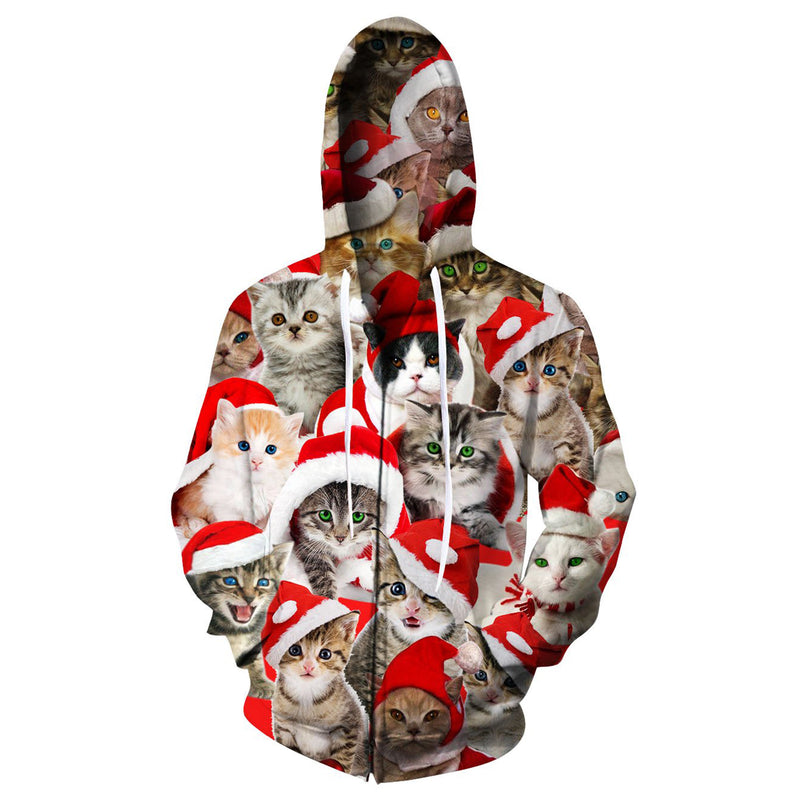 Christmas Hat Kitties Funny Zip Up Hoodie