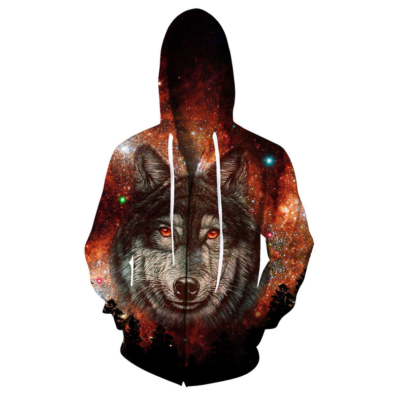 Wolf Oranje Ruimte Grappige Zip Up Hoodie