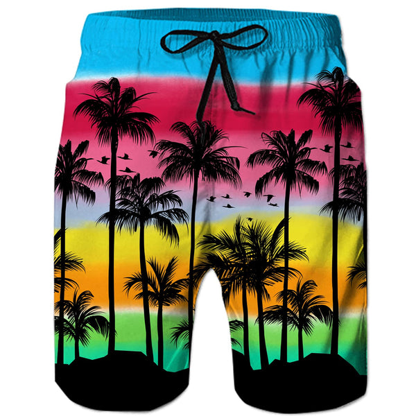 Lustige Boardshorts mit Regenbogen-Kokosnussbaum-Motiv.