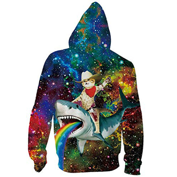 Cowboy Cat Riding Rainbow Shark Funny Zip Hoodie