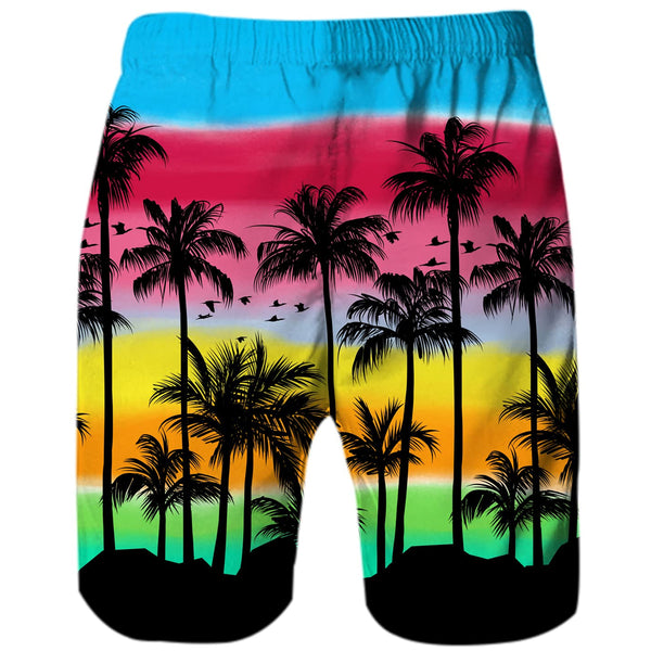 Lustige Boardshorts mit Regenbogen-Kokosnussbaum-Motiv.