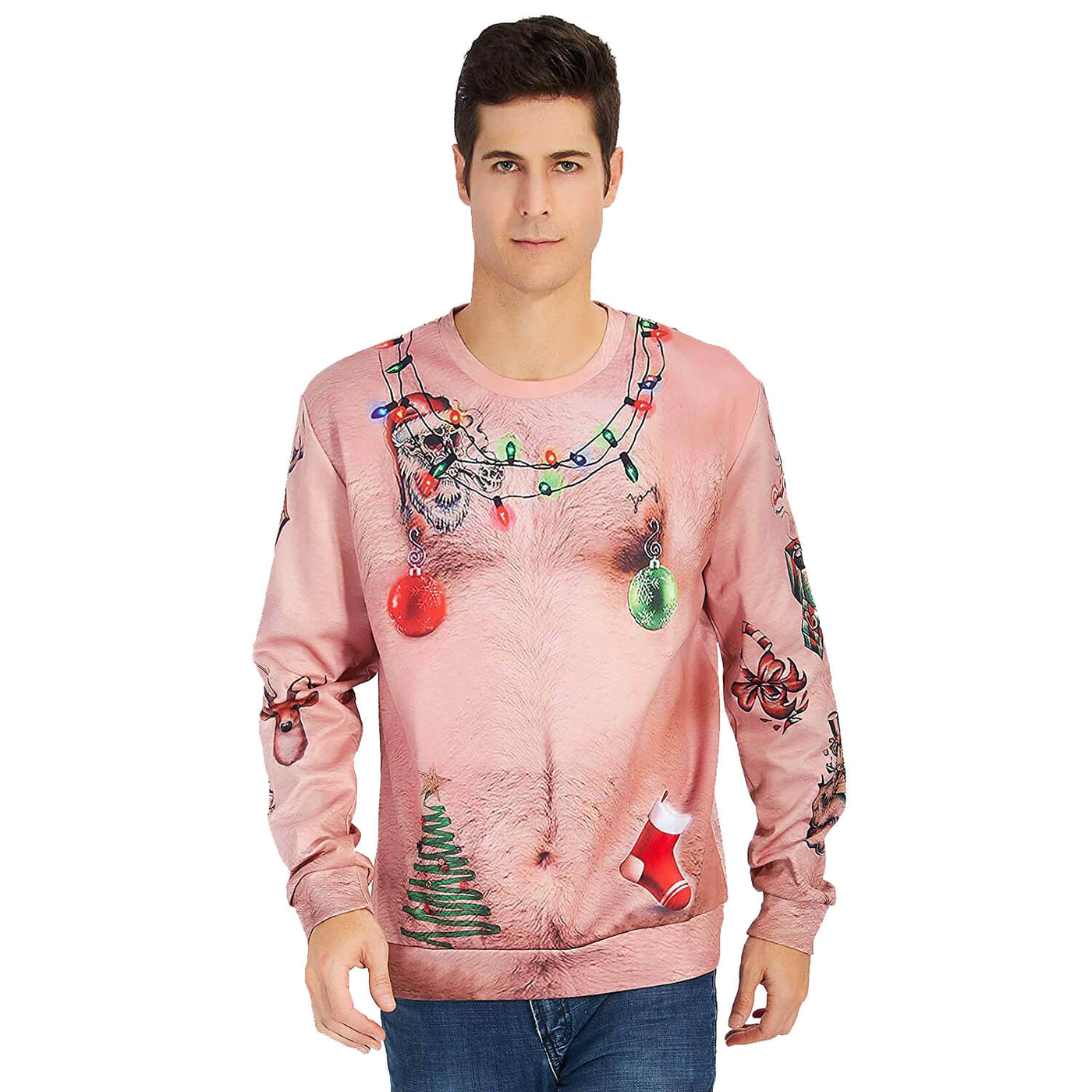 Christmas jumper hairy chest best sale