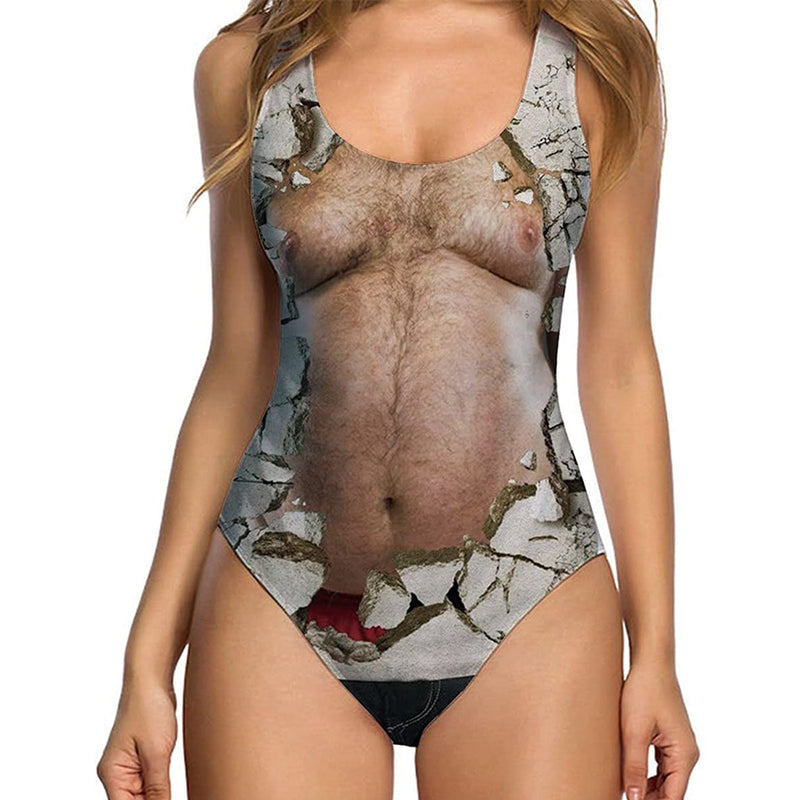 Funny Womens One Piece Swimsuit,chest Hair Print Swimwear Monokini
